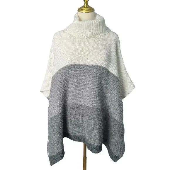 Vince Camuto Colorblock Turtleneck Sweater Grey White Poncho Shrug Thick Warm OS - Picture 3 of 16